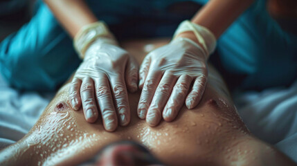 Close up hands of a paramedic doing chest compression during the training indoors, people learning how to make first aid. - obrazy, fototapety, plakaty