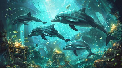 Dolphins leaping over sunken treasure chests in a kaleidoscope of ocean blues greens and golds revealing hidden wonders