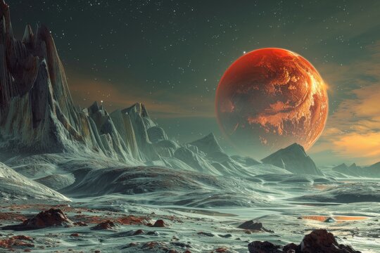 Fototapeta Futuristic Alien Planet with Icy Landscape. Generative AI
