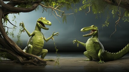 A Dancing Crocodile and an Alien sharing a moment under a WhisperingWillow rendered in 3D