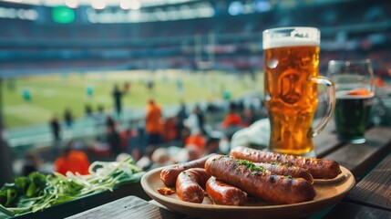 Glass of beer with Bavarian sausages on wooden table against football stadium. Football concept