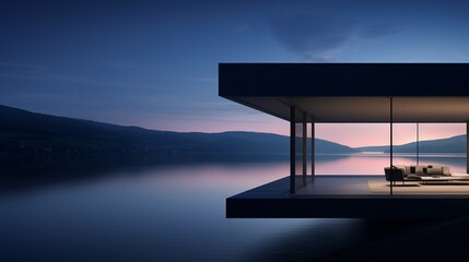 A mysterious home by the river its windows glowing symmetrically as twilight envelops the landscape