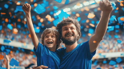 An excited father and son in blue shirts cheer for their favorite team during a football match. Football concept