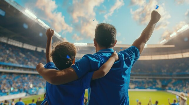 An excited father and son in blue shirts cheer for their favorite team during a football match. View from the back. Football concept