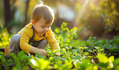 Boy toddler in yellow shirt learns to work in the garden. Planting flowers. Spring time