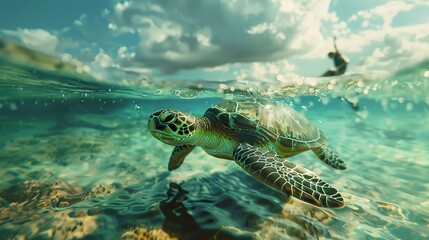 Obraz na płótnie Canvas Serene Ocean Encounter: Turtle Swimming Alongside a Person, Captured Through Generative AI