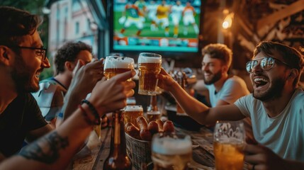 Football fans watching game on TV and drinking beer at bar or pub - obrazy, fototapety, plakaty