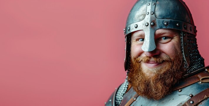 Cheerful Viking reenactor wearing a helmet and chainmail, set against a red background with a friendly smile