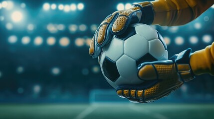 Hands of the goalkeeper with gloves and a soccer ball on the background of the stadium. Football...