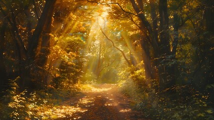 A serene forest path is illuminated by warm sunrays piercing through the vibrant autumn foliage. - obrazy, fototapety, plakaty