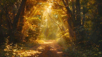 Tuinposter A serene forest path is illuminated by warm sunrays piercing through the vibrant autumn foliage. © Vivid Canvas