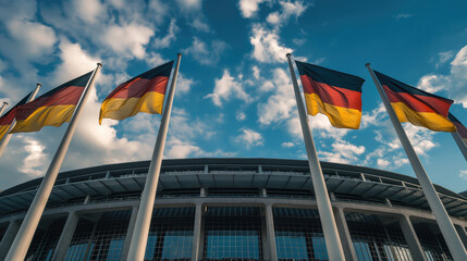 Naklejka premium German flags waving in front of the German National Stadium. Concept of 2024 UEFA European Football Championship