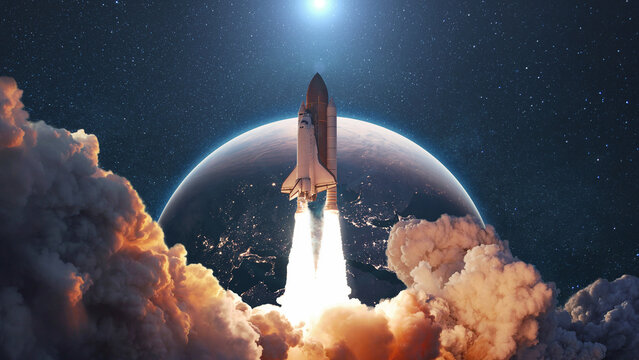 Rocket lift off. Space shuttle with smoke and blast takes off into space on a background of blue planet earth with sunlight. Successful start of a space mission. Travel to Mars