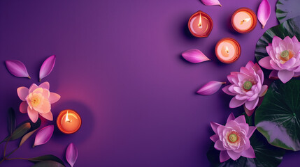 Elegant lotus flowers and aromatic candles arranged on a purple background for a tranquil ambiance. Diwali celebration background.