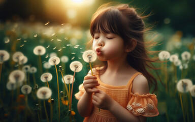 Little girl blowing dandelions blurred garden background