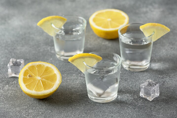 A shot of vodka with ice and lemon on a gray background. Side view, selective focus. - 753704940