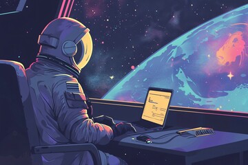 Fototapeta premium Laptop on an astronauts desk preparing a presentation about space exploration stars visible through a window in a cosmic art style