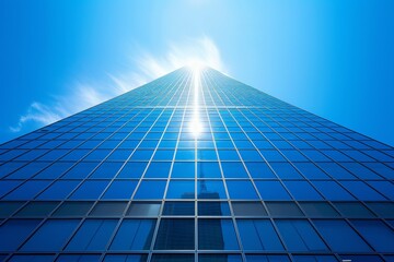 Fototapeta premium The blue glass office tower rises majestically towards the sky