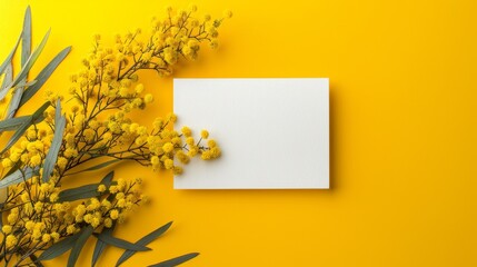 Mimosa flowers on yellow background. Spring concept. top view with copy space for a text