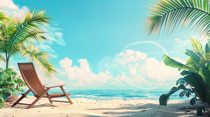 Fototapeta premium Wooden sun lounger on beach under palm near ocean. Summer rest. Copy space. 