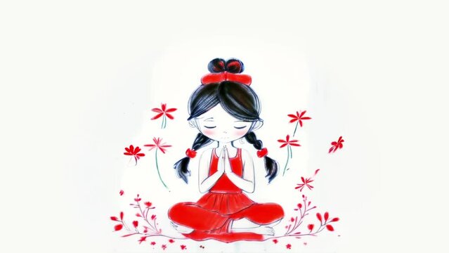 girl in a red dress in yoga meditation