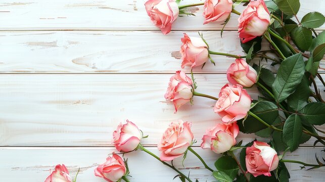 Bouquet of beautiful pink roses on white wooden background