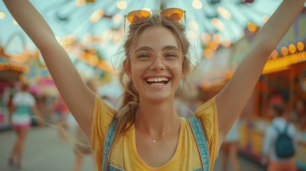 Fotobehang Happy young girl having fun time at an amusement park with arms raised and yelling with excitement © nataliya_ua