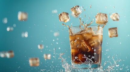 Ice cubes falling into a glass of cola on a blue tinted background - obrazy, fototapety, plakaty