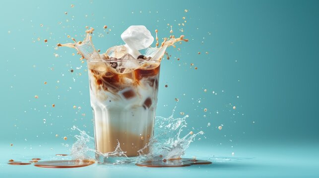 Cold brew coffee with ice splashing on a serene blue background