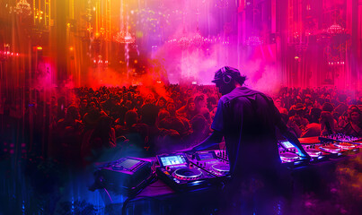 Party Concert - Dj Mixing and Scratching Sound Effect with Colorful Lights and Confetti with Crowd...