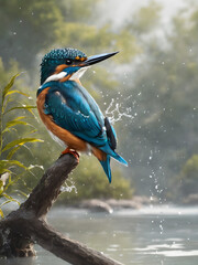 Colorful kingfisher perched on branch amidst green foliage, with lilac roller nearby, surrounded by vibrant nature