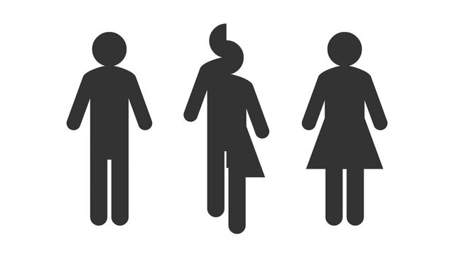 Transgender or non-binary sign concept, symbol appearing between man and woman silhouette. Animation depicting a trans person or nonbinary pictogram as a combination of both male and female gender. 