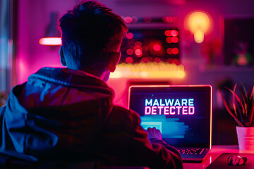 Person sitting using laptop computer got malware virus in his pc. Malware detected concept. Cyber Crime, security, privacy, information, data leak - obrazy, fototapety, plakaty