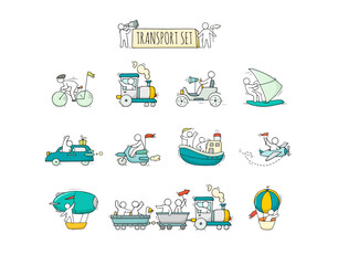 Cartoon set of little people on train, boat, plane, car.