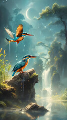 Fototapeta na wymiar Colorful kingfisher perched on a branch amidst vibrant nature, surrounded by exotic feathers and wild beauty