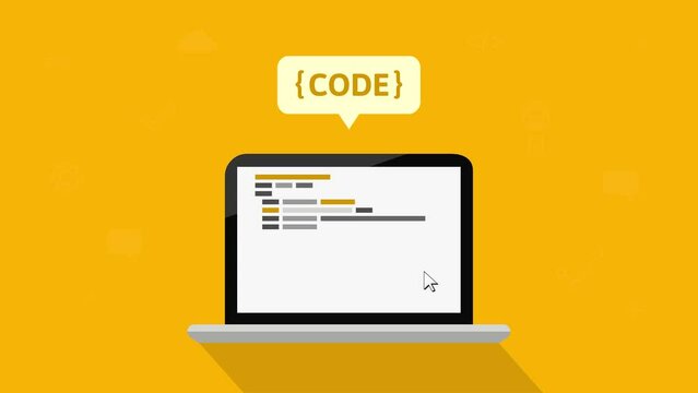 Coding and programming concept with code development, script and data appearing on display screen. Animation in flat design.