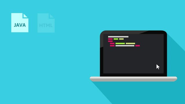 Programming languages concept. Multiple and various programming and coding language appearing alongside a written code. Animation in flat design.