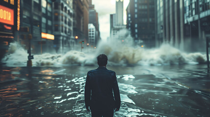 one man standing and watching the water flow across the city, global warming, climate change, flowing water