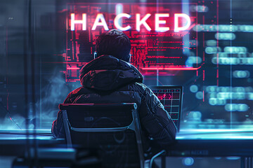 A person in a black hoodie is sitting in a dark room in front of a computer. Being Hacked Concept. Hacker. - obrazy, fototapety, plakaty