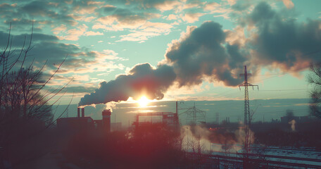 Industrial factory pollution smokestack exhaust gases. Industry zone, thick smoke plumes. Climate change, ecology concept.