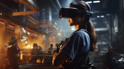 Fototapeta na wymiar Female industrial engineer using VR technology for industrial design