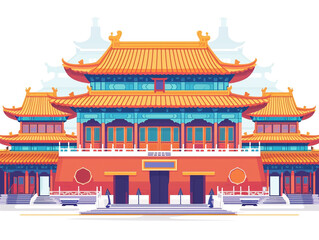 Fototapeta premium Illustration of the ancient Chinese city front façade in flat pastel colors. Isolated on white background. 