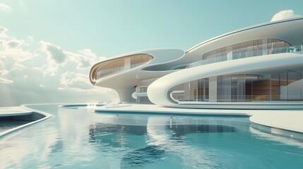Smooth, flowing lines define a futuristic waterfront architecture, blending seamlessly with the...