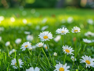 Beautiful field, meadow chamomile flowers, natural landscape.