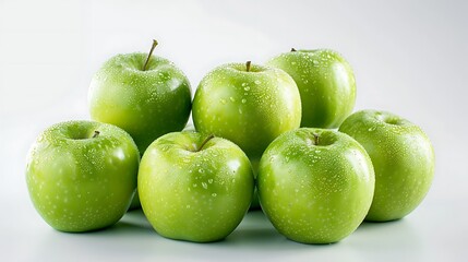 Crisp green apples neatly arranged on a plain white background