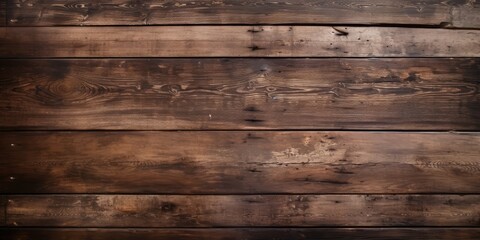 Aged wooden backdrop with knots, holes, and paint. Brown abstract texture. Vintage dark boards. Front view with space for design elements.