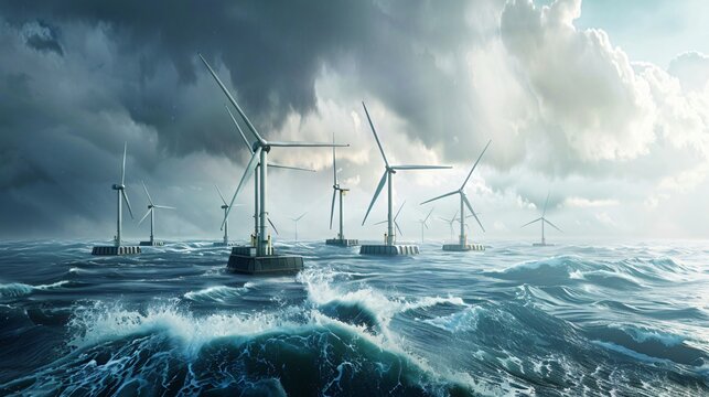 Wind turbines on a floating platform in the ocean generating electricity with waves crashing around them depicted in an abstract art form