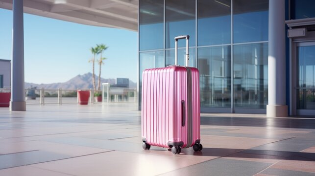 Pink suitcase awaits its owner in various travel locations.