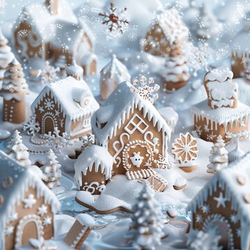 Winter candy land under a soft silver light with snowflakes made of sugar falling gently onto gingerbread houses