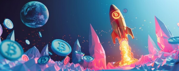 A surreal landscape of digital coins swirling around a giant bitcoin rocket